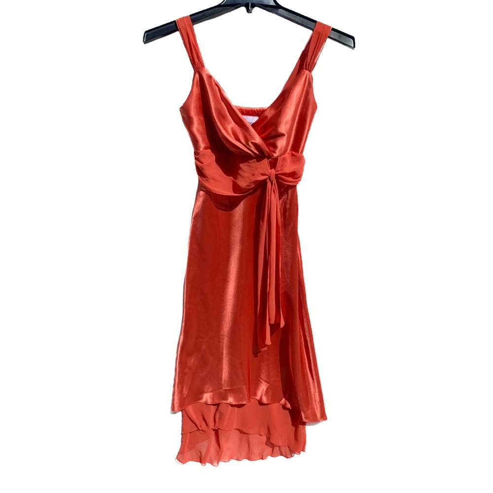 David's Bridal Red Satin Midi Dress with Knot Detail